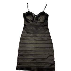 City Triangles Women’s Size 2 Black Satin Cocktail Dress Beaded V Neck